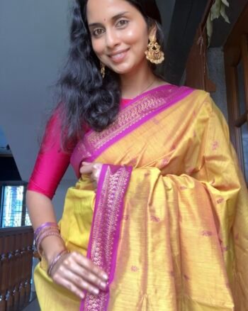 kalyani cotton saree -yellow & pink